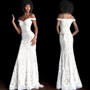 JOVANI 64277 OFF WHITE SEQUIN DECO SWEETHEART FITTED TRUMPET EVENING GOWN DRESS